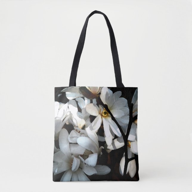 Stylish magnolia flower design black white tote bag (Front)