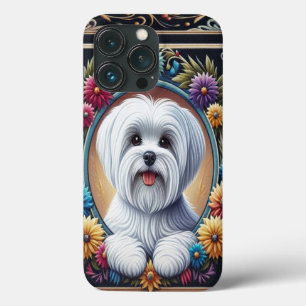 Stylish Maltese Dog Floral Colourful Border iPhone 13 Pro Case