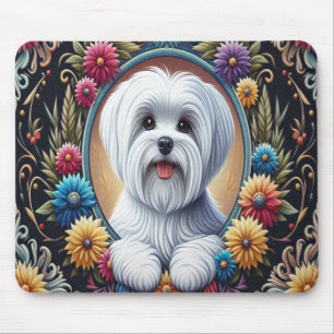Stylish Maltese Dog Floral Colourful Border Mouse Pad