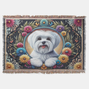 Stylish Maltese Dog Floral Colourful Border Throw Blanket