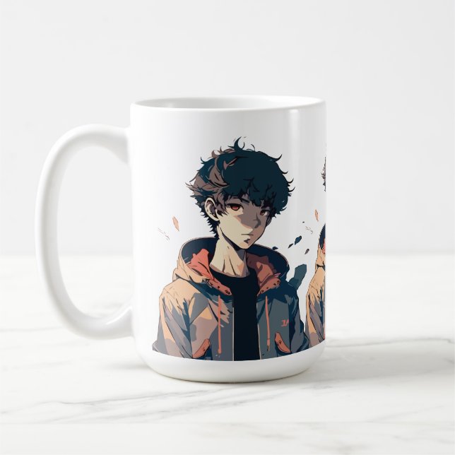 Stylish Manga Boy in Brown Jacket Coffee Mug (Left)