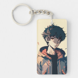 Stylish Manga Boy in Brown Jacket Key Ring