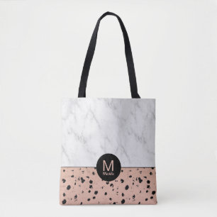 Stylish Marble and Rose Gold Pattern with Monogram Tote Bag