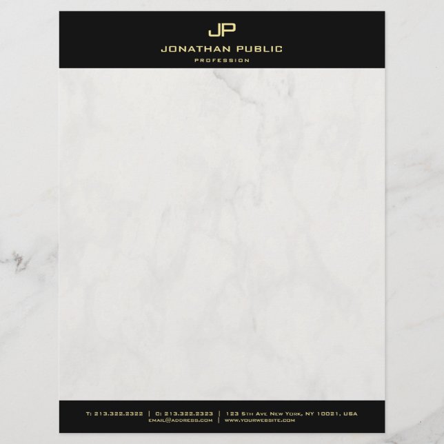 Stylish Marble Black Gold Monogrammed Modern Plain Custom Letterhead (Front)