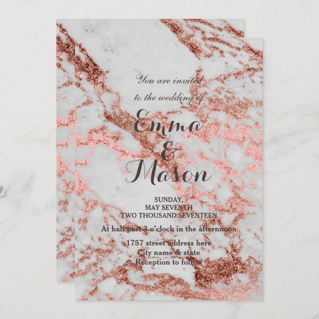 Stylish Marble Rose Gold Wedding collection Invitation (Front/Back)