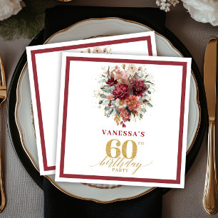 Stylish Maroon Gold Autumn Floral 60th Birthday Na Napkin