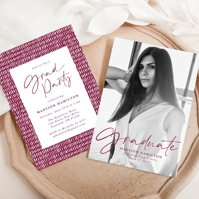 Stylish Maroon Script Photo Graduation Party Invitation (Creator Uploaded)