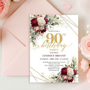 Stylish Marsala Gold Roses 90th Birthday Invitatio Invitation
