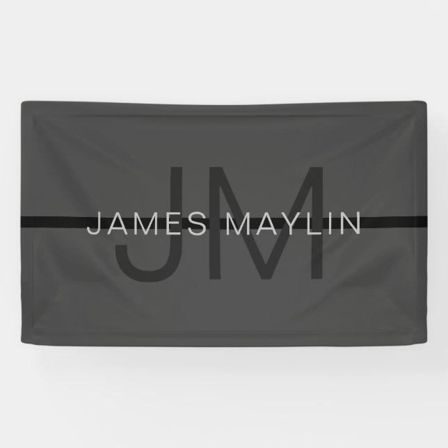 Stylish Masculine Dark Grey Name & Monogram  Banner (Horizontal)