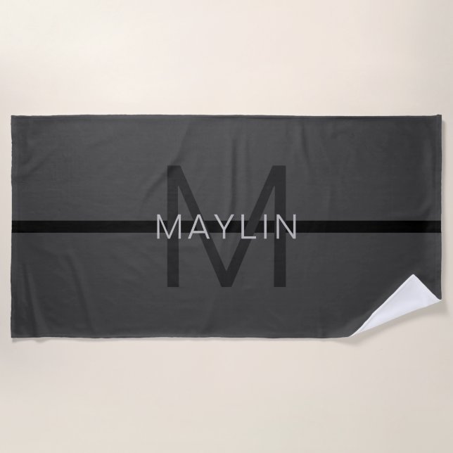Stylish Masculine Dark Grey Name & Monogram  Beach Towel (Front)