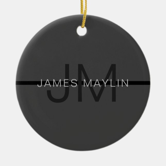 Stylish Masculine Dark Grey Name & Monogram  Ceramic Tree Decoration (Front)