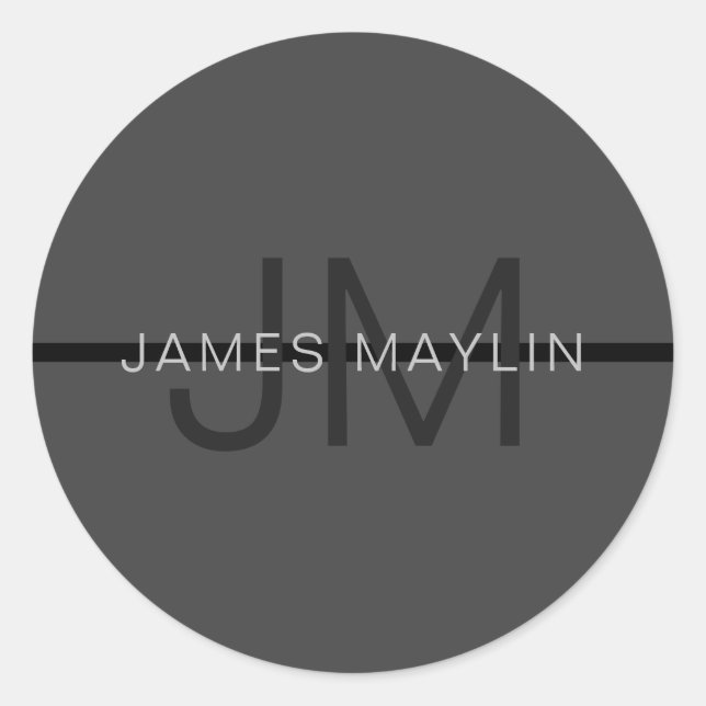 Stylish Masculine Dark Grey Name & Monogram  Classic Round Sticker (Front)