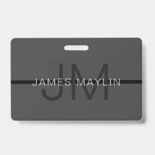 Stylish Masculine Dark Grey Name & Monogram  ID Badge