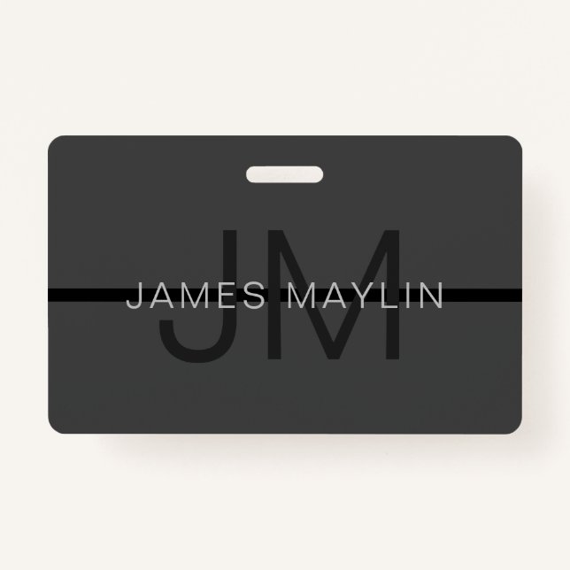 Stylish Masculine Dark Grey Name & Monogram  ID Badge (Front)