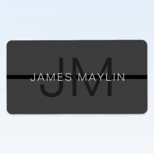 Stylish Masculine Dark Grey Name & Monogram  Label