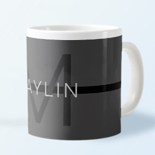 Stylish Masculine Dark Grey Name & Monogram Large Coffee Mug