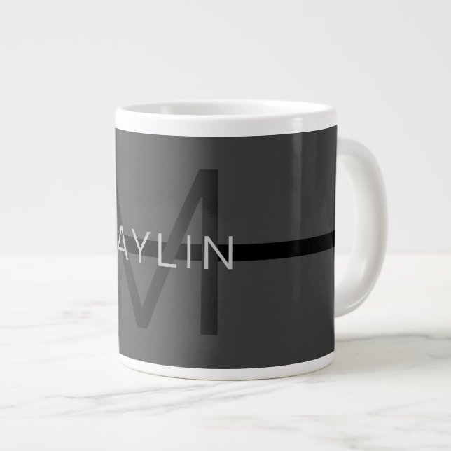 Stylish Masculine Dark Grey Name & Monogram  Large Coffee Mug (Front Right)