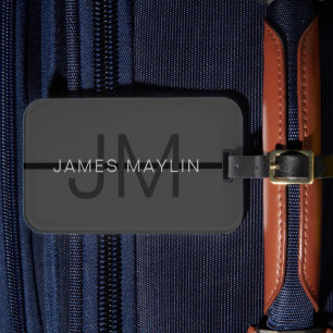 Stylish Masculine Dark Grey Name & Monogram Luggage Tag
