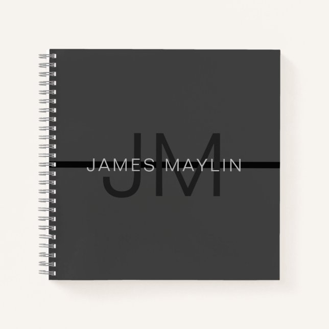 Stylish Masculine Dark Grey Name & Monogram  Notebook (Front)