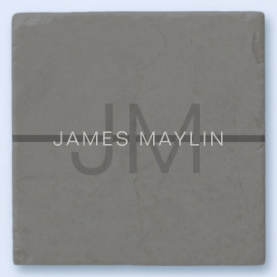 Stylish Masculine Dark Grey Name & Monogram Stone Coaster