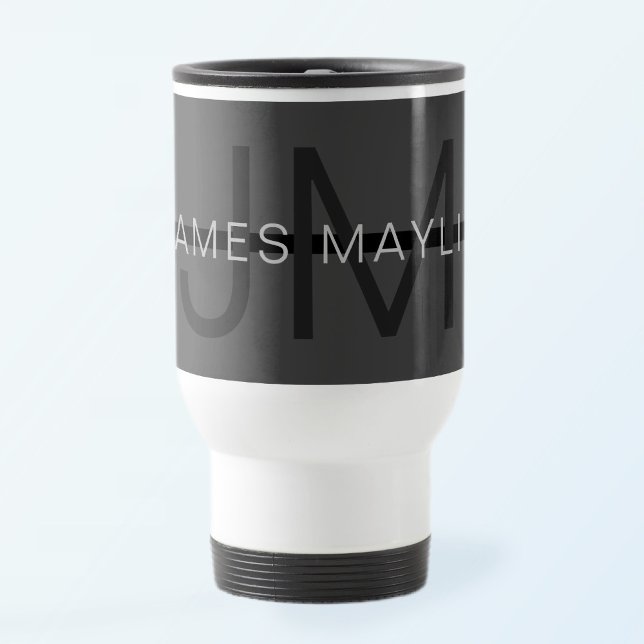 Stylish Masculine Dark Grey Name & Monogram  Travel Mug (Creator Uploaded)