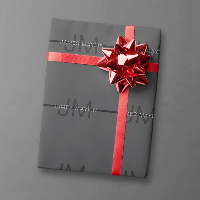 Stylish Masculine Dark Grey Name & Monogram  Wrapping Paper (Creator Uploaded)