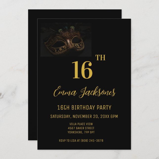 Stylish Masquerade Black Gold 16th Birthday Party  Invitation (Front/Back)