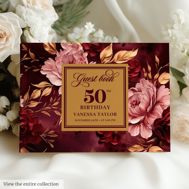 Stylish Merlot Blush Gold Floral 50th Birthday Guest Book (Stylish Merlot Blush Gold Floral 50th Birthday Guest Book)