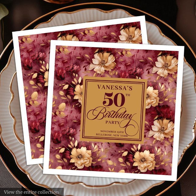 Stylish Merlot Blush Gold Floral 50th Birthday  Napkin (Stylish Merlot Blush Gold Floral 50th Birthday Paper Dinner Napkins)