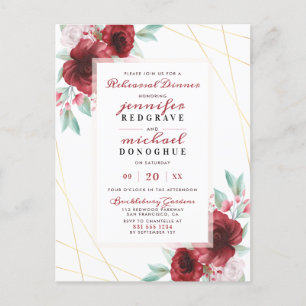 Stylish Merlot Glam Roses Floral Rehearsal Dinner Invitation Postcard