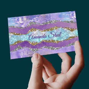 Stylish mermaid glittery Purple turquoise monogram Magnetic Business Card