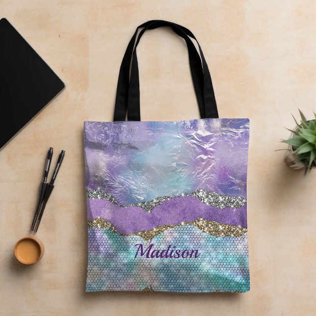 Stylish mermaid glittery Purple turquoise monogram Tote Bag (Creator Uploaded)