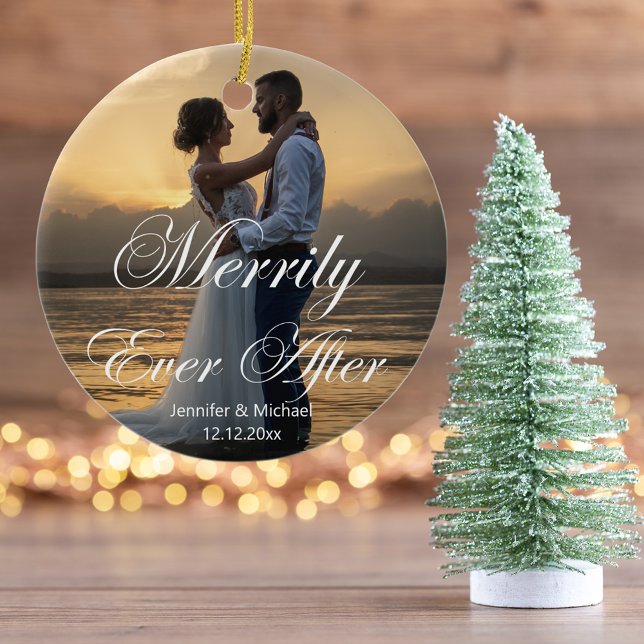 stylish merrily ever after, wedding photo minimal ceramic tree decoration (Creator Uploaded)