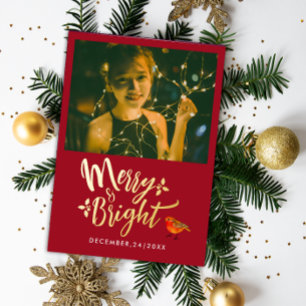 Stylish Merry And Bright Red Christmas Robin Photo