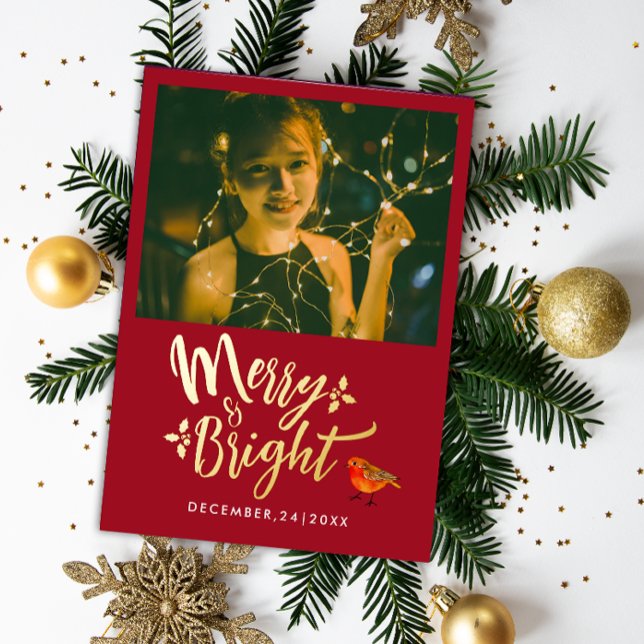 Stylish Merry And Bright Red Christmas Robin Photo (Creator Uploaded)