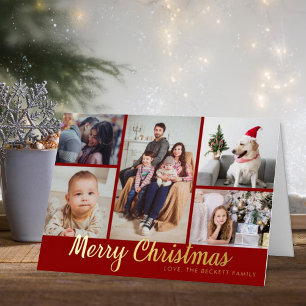 Stylish Merry Christmas 5 Photo Collage Real Foil Holiday Card