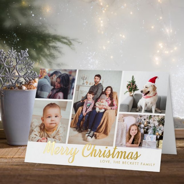 Stylish Merry Christmas 5 Photo Collage Real Foil Holiday Card (Creator Uploaded)
