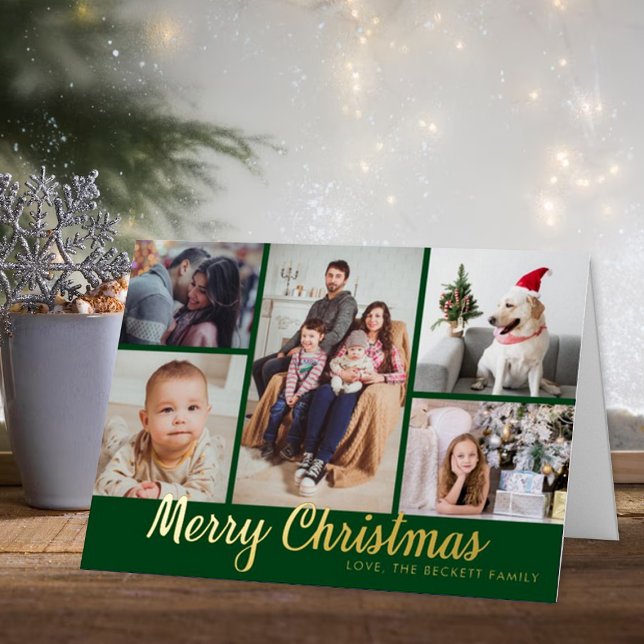 Stylish Merry Christmas 5 Photo Collage Real Foil Holiday Card (Creator Uploaded)