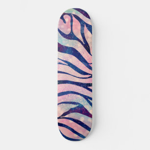 Stylish Metallic Blue & Holographic Zebra Print Skateboard