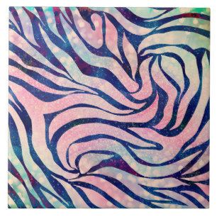 Stylish Metallic Blue & Holographic Zebra Print Tile