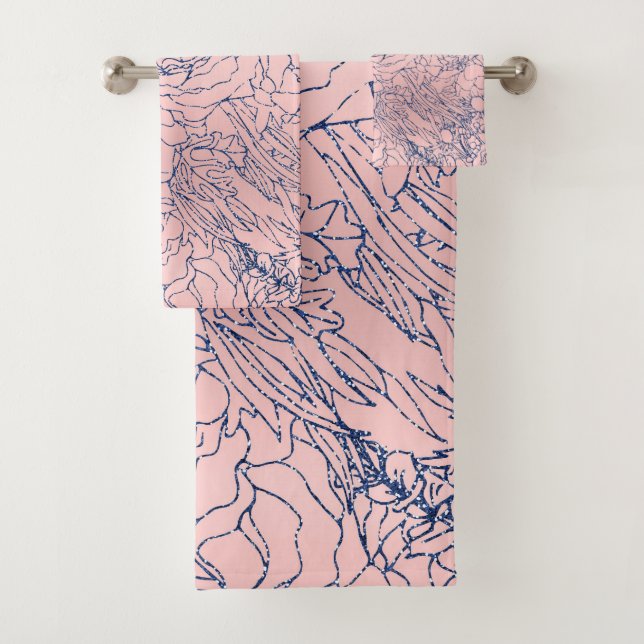 Stylish Metallic Navy Blue and Pink Floral Design Bath Towel Set (Insitu)
