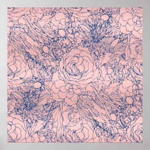 Stylish Metallic Navy Blue and Pink Floral Design Poster