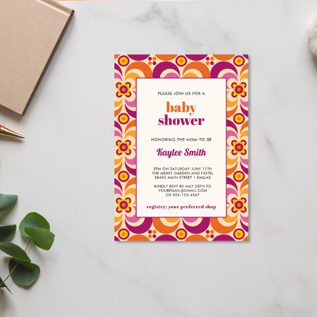 Stylish Mid-Century Floral Purple Orange Baby  Invitation (Creator Uploaded)