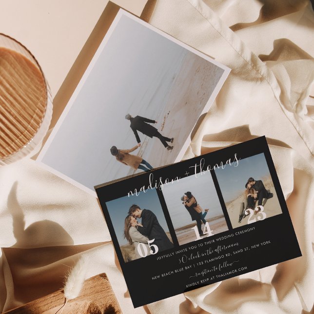 Stylish Minimal Black Script Photo Collage Wedding Invitation (Creator Uploaded)