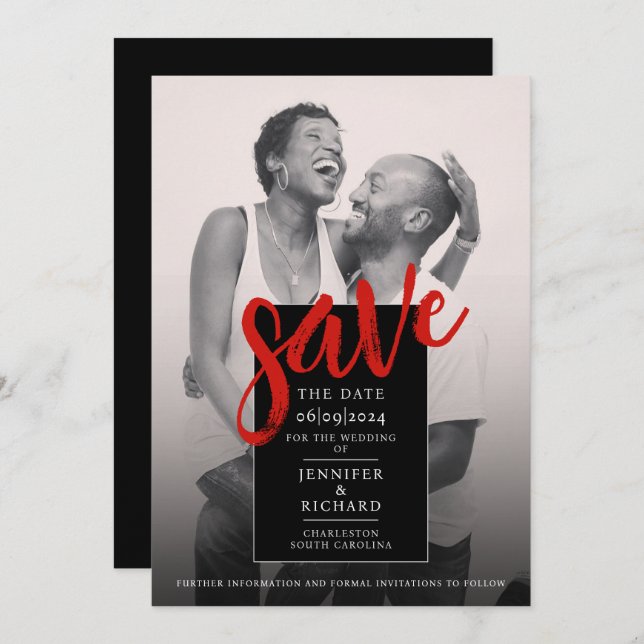 Stylish Minimal Chic Red And Black Photo Wedding Save The Date (Front/Back)
