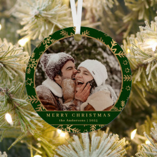 Stylish Minimal Green Gold Christmas Couple Photo Metal Tree Decoration
