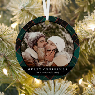 Stylish Minimal Green Plaid Christmas Couple Photo Metal Tree Decoration