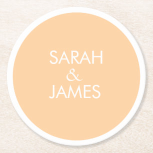 STYLISH MINIMAL PERSONALIZED NAME PEACH WEDDING ROUND PAPER COASTER