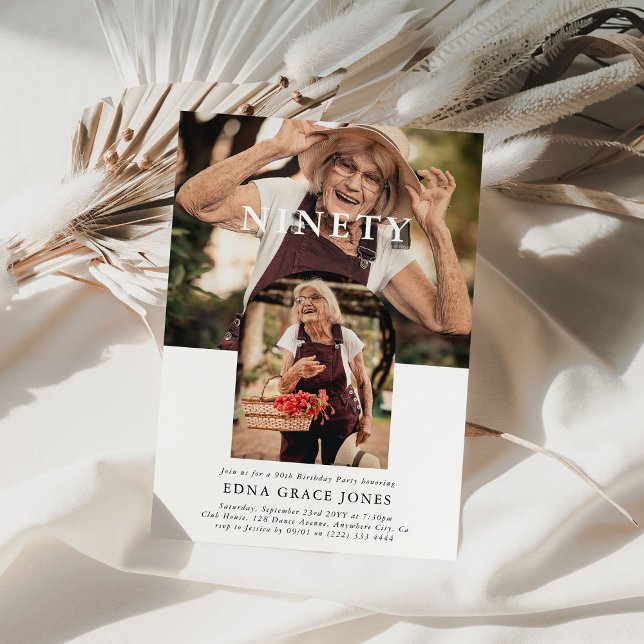 Stylish Minimal Photo NINETY 90th Birthday Invitation (Creator Uploaded)