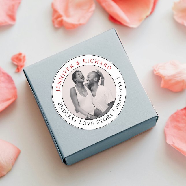 Stylish Minimal Photo Red White Love Name Wedding Classic Round Sticker (Creator Uploaded)